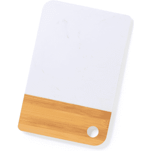 A flat, rectangular palette with a white surface and a bamboo bottom section, featuring a hole for hanging.
