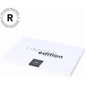 A white box with the words "LIMITED edition" featured prominently, showcasing a minimalist design. Contains a logo.