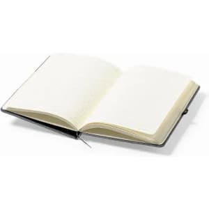 An open notebook featuring blank white pages and a black cover, with a ribbon bookmark.