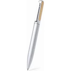 A pen with a sleek silver body and a wooden accent on the top, featuring a clip for attachment.
