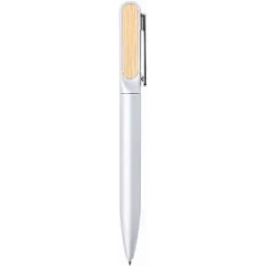 A pen featuring a silver body with a wooden accent on the top and a silver clip. It has a sleek design.