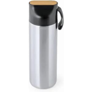 A drink bottle in silver stainless steel with a black lid and bamboo top, featuring a handle and a logo.