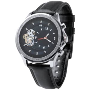 A watch with a black leather strap and a silver case, featuring a skeleton dial and contrasting hour markers.