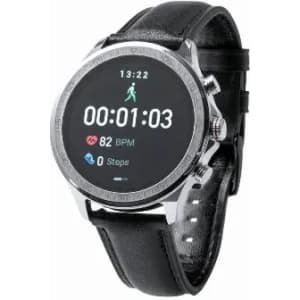 A smartwatch with a circular face, silver bezel, and black leather strap, displaying fitness tracking information.