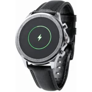 A watch with a round black face, metal bezel, and a black leather strap, featuring a central green lightning bolt icon.