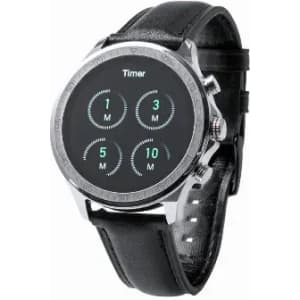 A watch with a round face featuring a timer display and a black leather strap. It has a metallic bezel.