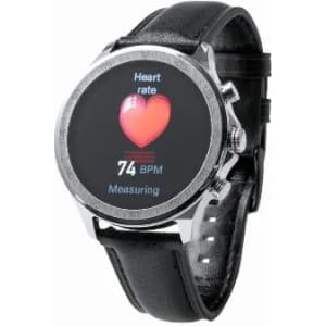 A smartwatch with a round screen displaying heart rate and measuring status, featuring a black leather strap and silver casing.