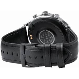 A black leather watch with a round face, featuring a buckle strap and buttons on the side. It has a logo on the back.