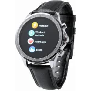 A smartwatch with a black leather strap and a round face displaying workout, heart rate, and sleep monitoring options.