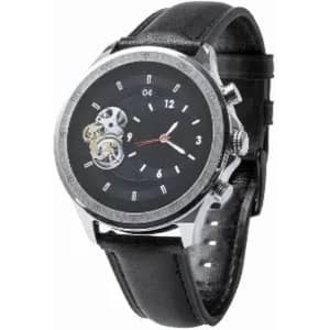 A watch with a black leather strap, silver casing, and a black face featuring numbered markers and an intricate design.