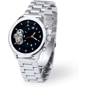 A watch with a silver metal band, featuring a black dial and exposed gears on the left side. It has a logo on the dial.