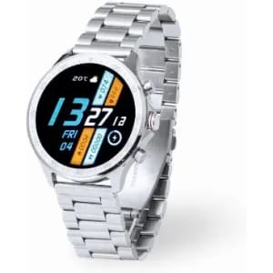A smartwatch with a stainless steel strap, featuring a digital display showing date, time, and various fitness metrics.