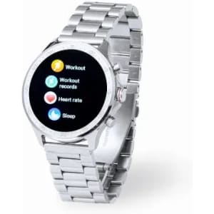 A silver smartwatch with a round display showing icons for workout, records, heart rate, and sleep.