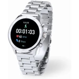 A smartwatch with a silver metal strap displaying time, heart rate, and step count on a black screen.
