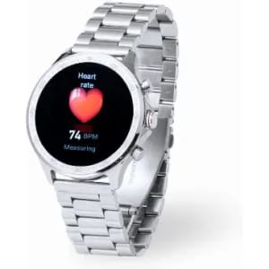 A silver smartwatch with a round face displaying a heart rate monitor and a metallic band.