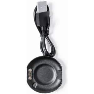 A charging dock in black with a USB connector and a circular base featuring contact points for device charging.