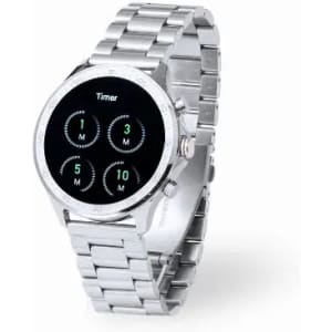 A silver smartwatch featuring a digital timer display with four circular timers. It has a metallic band and a sleek design.