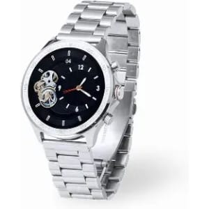 A silver wristwatch with a black face and visible gears, featuring a metal bracelet style.
