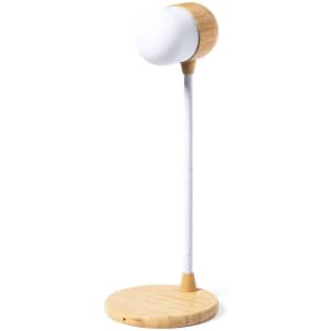 A desk lamp featuring a wooden base and neck, with a round white light fixture on top.