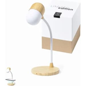 A desk lamp with a wooden base and flexible arm, featuring a white light bulb and packaged in a box.