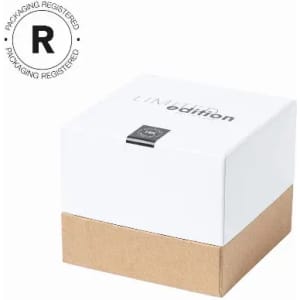 A product box featuring a white top and a brown base, with a logo and branding visible on the front.