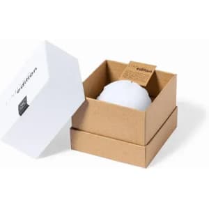 A square, open gift box featuring a white lid and a brown base, containing a round white object inside.