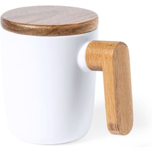 A white drink mug with a wood lid and a wooden handle. The design features a smooth finish and natural wood accents.