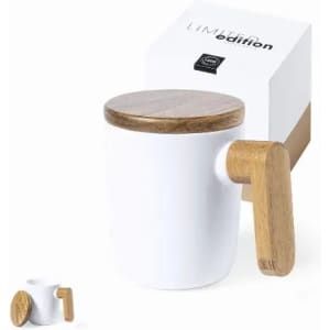 A drink bottle in white with a wooden handle and lid, alongside a plain box with branding.