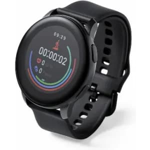 A black fitness watch displaying metrics such as time, heart rate, and activity tracking on a round face.
