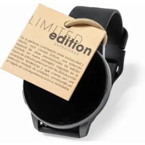 A black wristwatch with a round face, featuring a tag that indicates a limited edition.