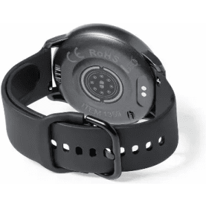 A black fitness tracker with a round face and adjustable strap, featuring a logo on the back.