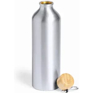 A drink bottle with a silver metal finish and a wooden cap, featuring a logo.