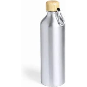 A drink bottle in silver with a wooden cap and a metal attachment for convenience.