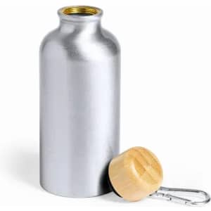 A drink bottle with a silver metal body and a wooden screw cap, featuring a detachable metal keychain clip.