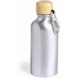 A drink bottle in silver metal featuring a bamboo lid and a metal clip for easy attachment.