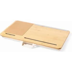 A wooden chopping board featuring a flat surface and a textured section, with grooves along the edges.