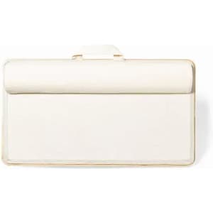 A clutch bag in a sleek white design with a textured finish and a clasp closure. Features a subtle logo.