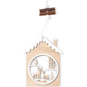 A decorative wooden ornament shaped like a house, featuring deer and trees, with a twine hanger and wooden accents.
