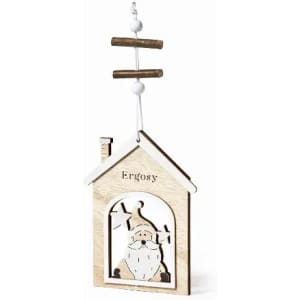 A wooden decorative ornament shaped like a house, featuring a Santa design in natural wood tones.