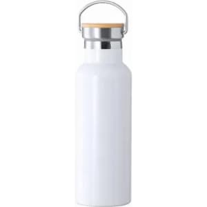 A drink bottle in white with a stainless steel cap and wooden lid, featuring a logo on its body.