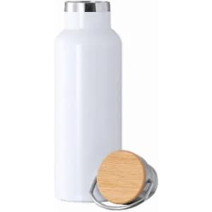 A drink bottle in white with a wooden and metal lid, featuring a sleek design and a logo.