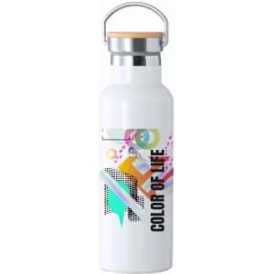 A drink bottle with a white body, wooden lid, and multicoloured abstract design, featuring a logo.