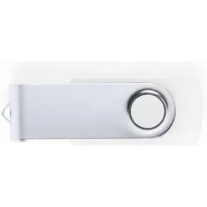 A silver USB flash drive with a swivel design and a circular end, featuring a branding logo.
