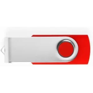 A red and silver USB flash drive with a swivel design and a circular attachment point.