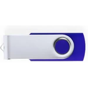 A USB flash drive with a blue and silver design, featuring a swivel clip and circular detail.