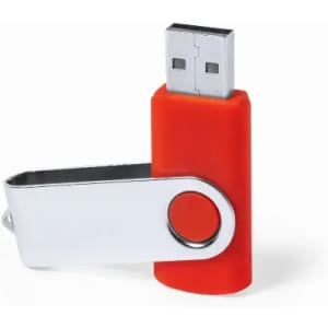 A USB flash drive in red with a silver swivel cover and a circular end featuring a logo.