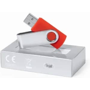 A USB flash drive with a silver casing and a red swivel cover, displayed on a white box. It has an 8GB capacity.