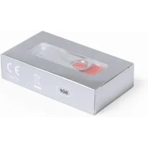 A silver box containing an 8GB USB drive, with a clear window displaying the product inside.