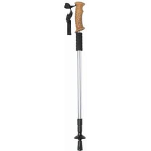 A hiking pole with a cork grip, adjustable length, and rubber tip designed for stability and support.