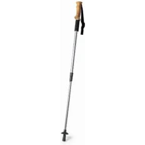 A hiking pole featuring a wooden handle, adjustable metal shaft, and a rubber tip, with a wrist strap attached.